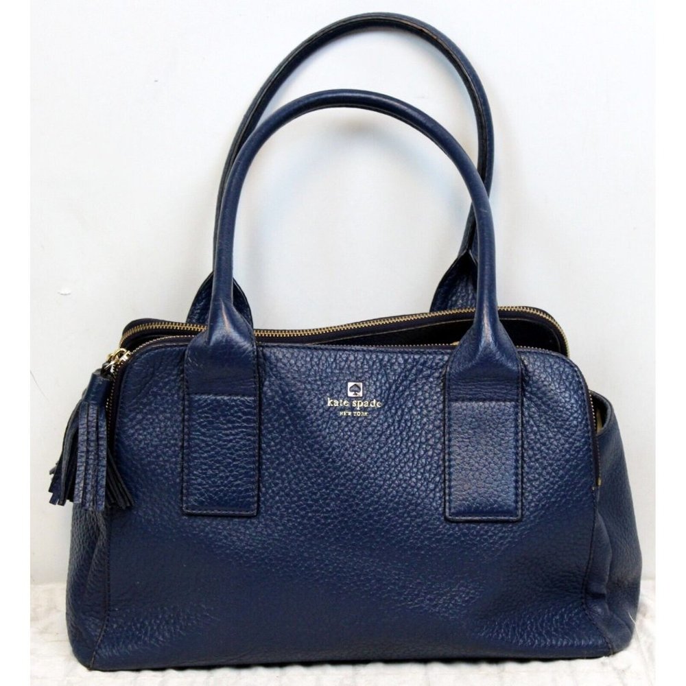 Kate Spade New York Blue Pebbled Leather Bag Large Tote Purse Stripe Tassel Pull